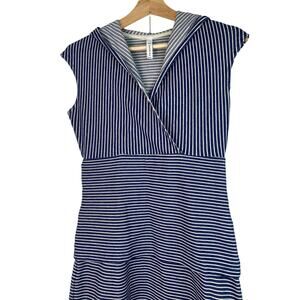 Garnish PDX Women's Size S Blue White Striped Hooded Midi Bodycon Dress